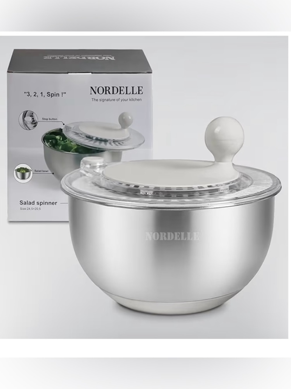 Stainless Steel Salad Spinner with Non-Slip Base & Instant Stop, 5.3 Qt
